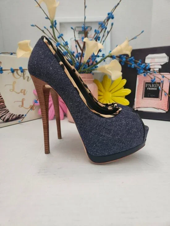 GIUSEPPE ZANOTTI Shoes Blue Denim Peep Toe Platform Heels - Picture 3 of 8